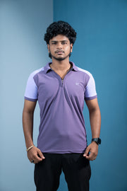 Dual-Tone Short Sleeve Zipper Collar T-Shirt for Men Trending Korean Fit-Purple